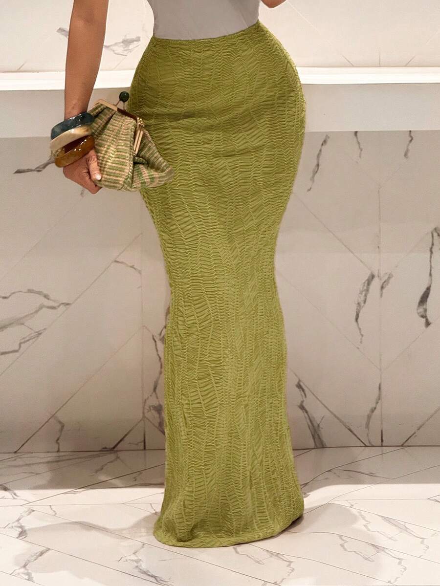 Slaydiva New Y2K Streetwear Casual Minimalist Basic Mint Green Wavy Textured Fabric Sexy Bodycon Skirt, Suitable For Music Festivals, Valentine's Day, Daily Wear, And Dates - Mint Green - View 1