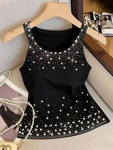 Resyla 优雅水晶珍珠装饰圆领吊带背心，纯色夏季上衣 - 黑色 - 查看 1