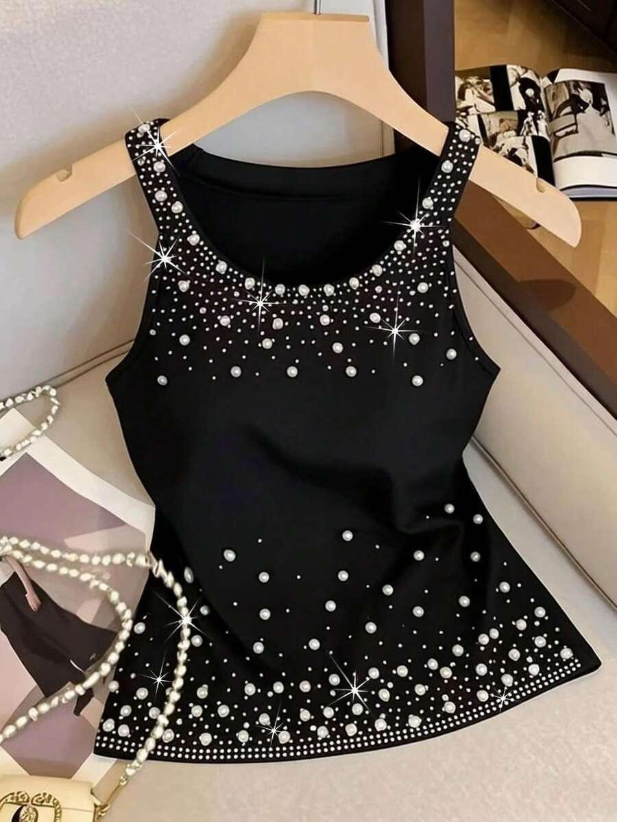 Resyla 优雅水晶珍珠装饰圆领吊带背心，纯色夏季上衣 - 黑色 - 查看 1