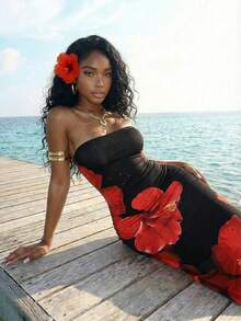 Slaydiva 新款春夏音乐节情人节休闲简约基础款Y2K街头甜美网红热销日常约会辣妹风性感休闲优雅生日派对无肩带定位红色花朵满印黑色修身长裙H型长裙女式长裙 - 黑色 - 查看 1