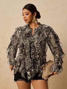 Travachic Plus Size Women Chiffon Leopard Print Long Sleeve Blouse, Leopard Print Ruffle Hem Shirt - Grey - View 6