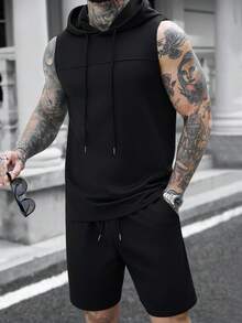 Manfinity CasualCool Mature Casual Split Pocket Shorts Tank Top Set - Black - View 1