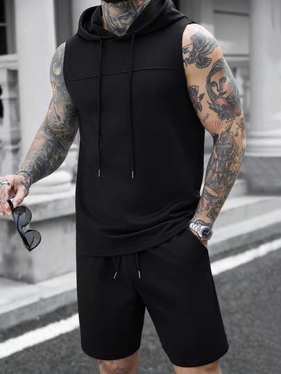 Manfinity CasualCool Mature Casual Split Pocket Shorts Tank Top Set