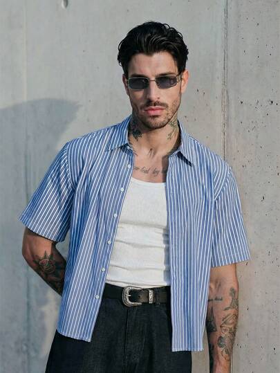 GENTILAND Men's Casual Woven Pocket Letter Embroidered Loose Short Sleeve Shirt Daily Essential Wardrobe Staple Basic Style All-Match Style Go-To Piece Mix-And-Match Item Casual Versatile Style  Premium Textured Fabric Blue Striped Shirt Men Stripe Shirt Streetwear Men Shirt Vintage Shirt For Men Mens Blue And White Striped Shirt