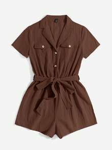 SHEIN EZwear 棕色梭织女式前扣腰带休闲短袖连体裤 女士休闲装 女装 女士夏季装 女士连体裤 腰带连身裤 女士休闲装 女士夏季装 棕色连体裤 - 棕色 - 查看 3