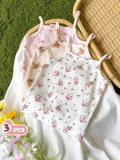 Vintaside Kids 3件套女婴提花吊带背心。无袖设计，清爽透气，可爱时尚，马卡龙粉彩色系，甜美明亮，百搭实用。面料柔软舒适，休闲可爱风格，适合春夏外出、户外玩耍、度假、日常穿着和旅行。