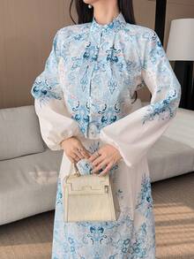 DAZY Women's Elegant Floral Print Mandarin Collar Blouse And A-Line Skirt 2-Piece Set, Spring/Summer - Blue - View 4