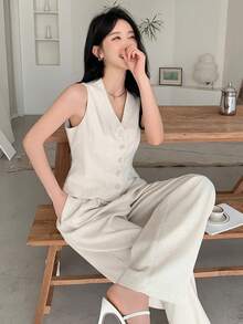 DAZY 女士V领无袖上衣和裤子两件套 - 米色 - 查看 7