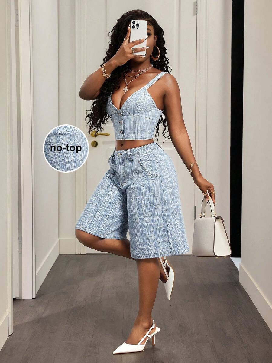 Slaydiva Quần short Bermuda denim dáng rộng, đa năng dành cho nữ, cỡ lớn, có túi. - Rửa nhẹ - Xem 1