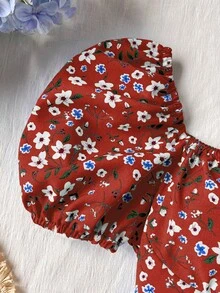 Sweetra 2pcs/Set Ditsy Floral Puff Sleeve Top And Mini Skirt - Rust Brown - View 5