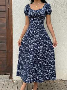 Flirla Đầm Maxi Tay Ngắn Cổ Vuông In Hoa Màu Xanh Navy Tay Phồng Thẳng Ngắn Cho Nữ - Màu xanh hải quân - Xem 6
