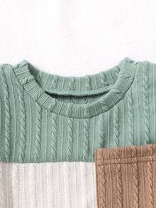 SHEIN Vintaside Kids 2pcs Baby/Baby Boy Ribbed Contrast Color Top And Blue Pants Set, All-Match Casual Comfortable Versatile Outfit For Summer - Green - View 3