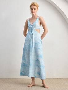 Ocili 休闲简约吊带连衣裙，抽象山脉印花，舒适垂坠睡裙，时尚秋季女士家居服 - 藍色 - 查看 4