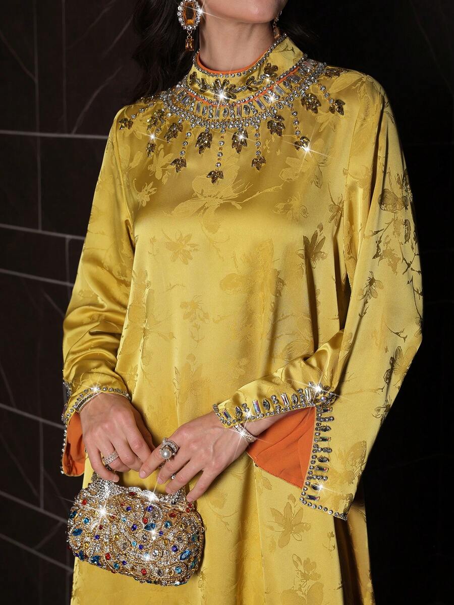 Layrah 手工水钻装饰领长袖连衣裙