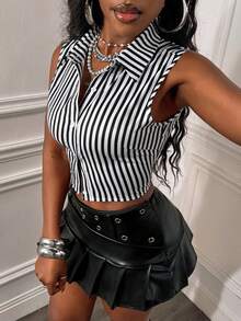 Glyssa Women's Striped Casual Street Style White Polo Collar Pocket Cropped Top With Criss-Cross Back Straps - Black and White - View 2