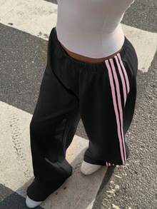 SHEIN Tall CURVE Quần thể thao dáng rộng cạp chun co giãn, phối họa tiết sọc. - màu đen - Xem 7
