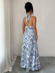 Elenzga 女士蓝白印花系带露背吊带背心+A字长裙两件套，春夏款 - 藍白色 - 查看 2