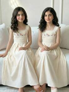 SHEIN Tween Girls Summer Floral Embroidered Maxi Dress - Apricot - View 2