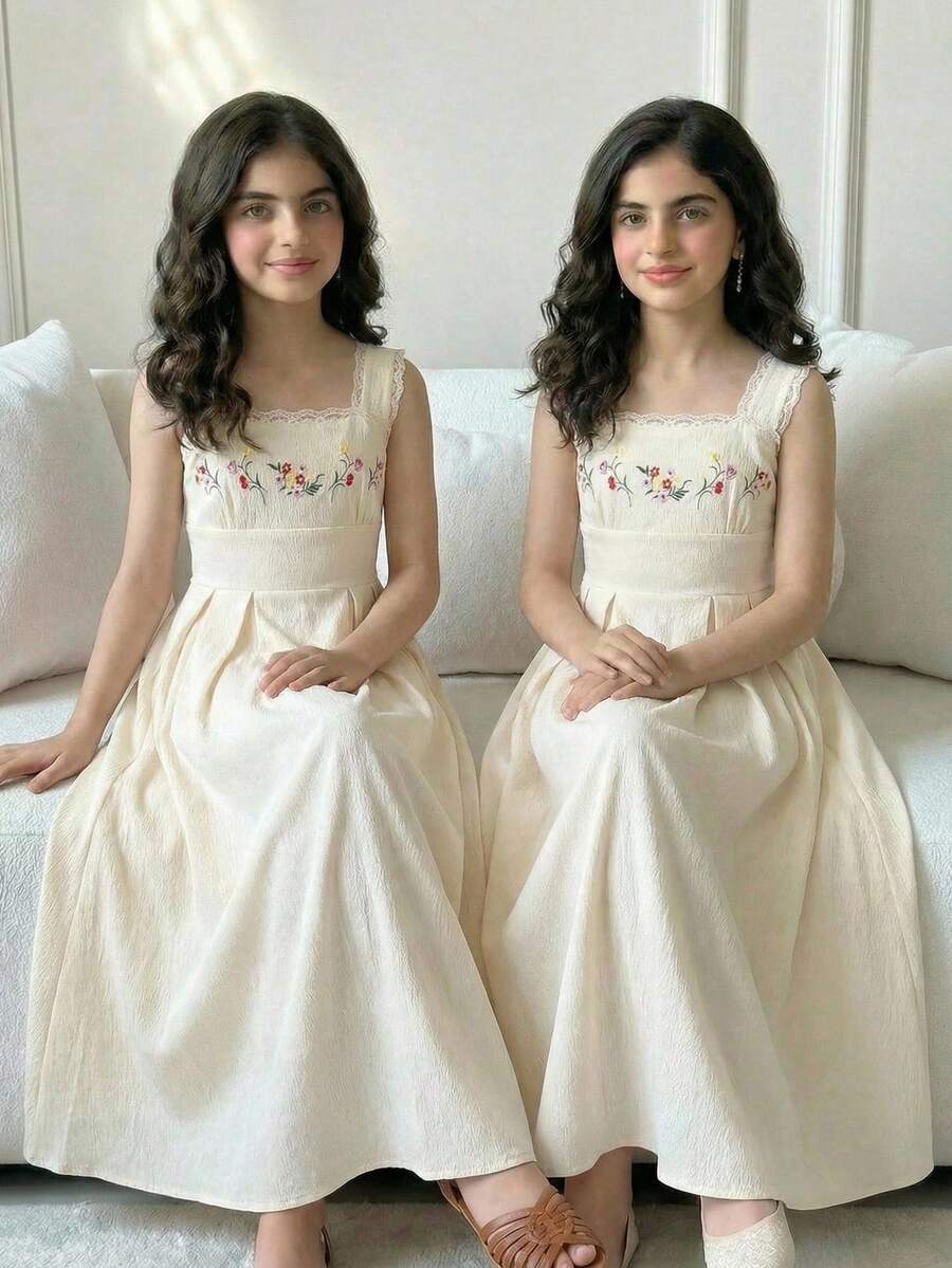 SHEIN Tween Girls Summer Floral Embroidered Maxi Dress - Apricot - View 1