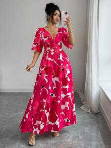 Selianne 优雅女士粉色印花V领荷叶边短袖长款连衣裙，休闲度假沙滩裙，适合夏季日常外出、约会、派对、用餐，渐变粉色印花腰部设计连衣裙 - 紅色 - 查看 3