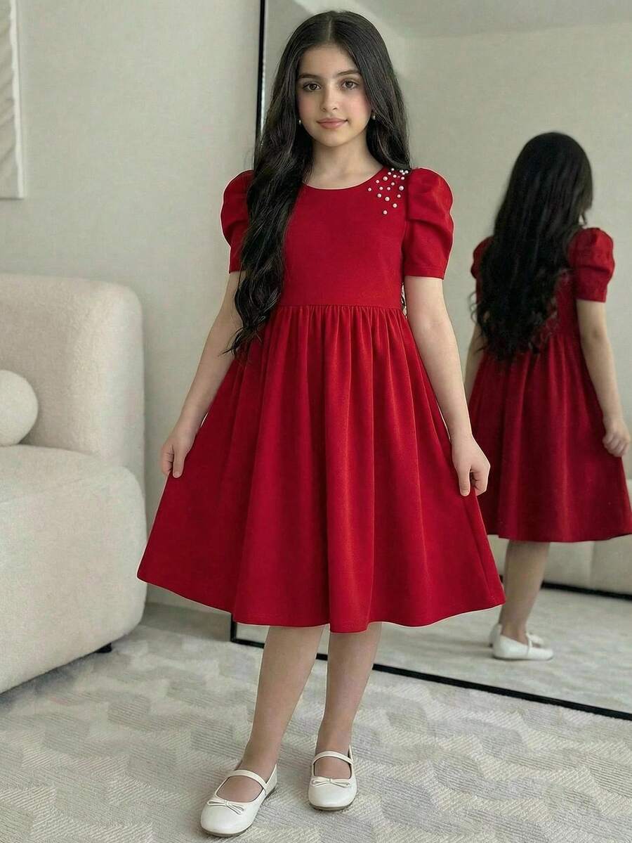 SHEIN 少女春夏休闲都市优雅时尚串珠羊腿袖拼接褶皱喇叭裙摆连衣裙 - 酒紅色 - 查看 1