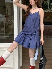 K-Vae 女士格子吊带连衣裙，宽松系带鱼尾下摆设计，休闲夏季款 - 藏蓝色 - 查看 5