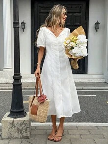 Pariaura Đầm trắng tinh tế cổ chữ V thêu rỗng, tay phồng, thắt eo, cài một hàng cúc, dài ngang gối, đa năng cho hẹn hò, du lịch, tôn dáng và thanh lịch, đầm thêu với họa tiết hoa rỗng tinh xảo, tay phồng, cổ chữ V, thắt eo, màu trắng, dài ngang gối. - trắng - Xem 1