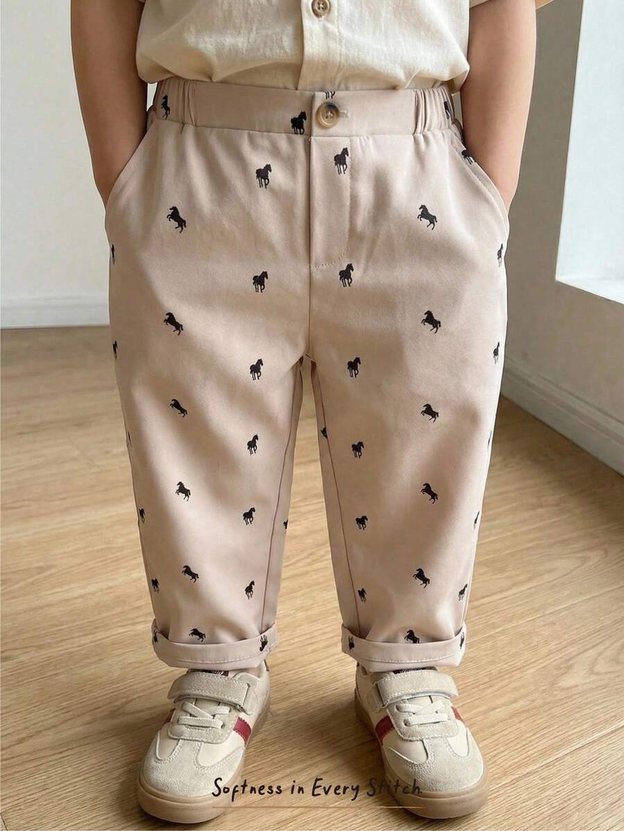 Cozy Pixies 男童卡其色卡通马图案松紧腰斜插口袋裤 - 卡其色 - 查看 1