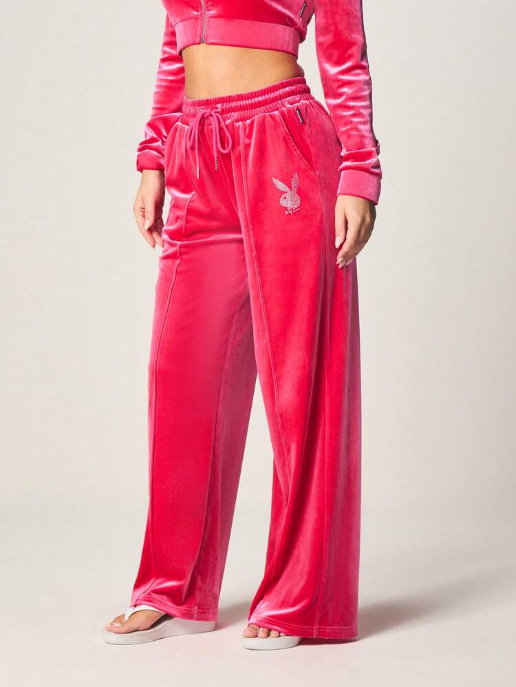Missguided x Playboy Wide Leg Velvet Joggers With Drawstring Waist And Rhinestone Bunny Logo For Casual Comfort And Style