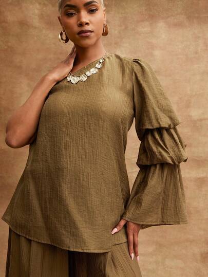 Vixey 纹理编织单肩层叠荷叶袖上衣