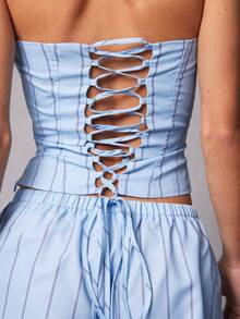 Hauture 蓝色条纹抹胸上衣和短裤套装，性感露背系带装 - 藍色 - 查看 8