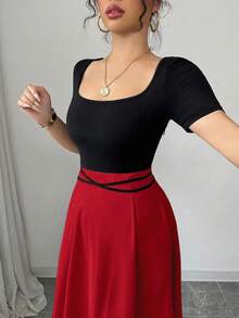 Vestido de mujer qipao elegante y entallado a la cintura, con manga corta, cuello cuadrado, diseño de lazo en la cintura y estampado floral de estilo chino novedoso - Multicolor 10 - Ver 5