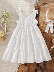 SHEIN Vintaside Kids 女童蕾丝边蝴蝶结吊带度假连衣裙，白色 - 白色 - 查看 2
