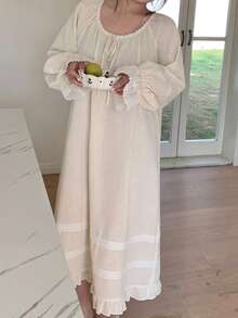 Dazy Plus Plus Size Sweet Lace Patchwork Ruffle Hem Long Sleeve Nightgown Pajamas - Apricot - View 6