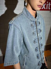 ROMWE MEN Grunge Punk Áo sơ mi denim tay ngắn kiểu cổ điển thời Trung cổ dành cho nam - trắng - Xem 2