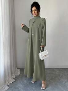 Yasmyna Women's High Neck Long Sleeve Arabic Style Dress With 3D Decor - Green - View 7