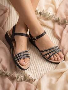 Beige Low-Heeled Sandal With Decorative Straps - Black - View 9