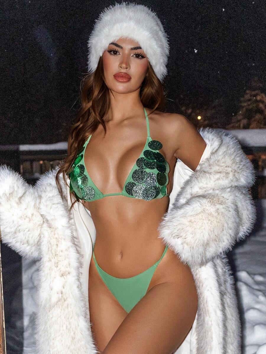 Swim SXY Shiny Sequin Women's Bikini Swimsuit, Suitable For Beach, Vacation, And Dates, Bright Green Swimwear, Spring/Summer - Green - View 1