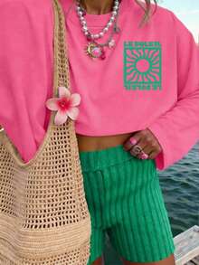 DrmWander 大码女式度假字母和太阳印花圆领宽松休闲长袖T恤 - 玫紅色 - 查看 2