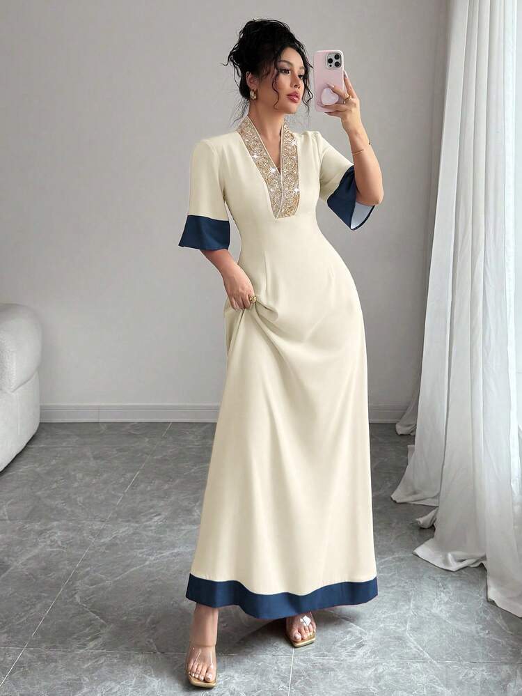 Selianne تنورة منقوشة بطباعة زهرية على الخصر مع طيات، تصميم خطوط A، فستان بتقسيمات لونية عند الياقة العالية، صيفي - متعدد الألوان - مشاهدة 1