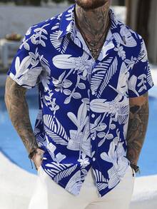 EGENSIO Camisa de verano de manga corta con botones delanteros y estampado hawaiano azul marino de moda - azul real - Ver 3