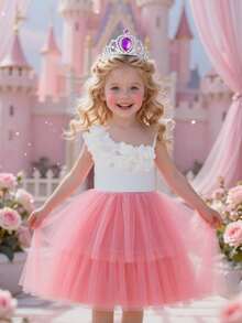 Summer Toddler Girls 4-7 Years Old 3D Flower One-Shoulder Strap Dress, Kids Pink Gradient Tulle Cake Dress, Foreign Trade Children's Clothing - Baby Pink - View 4