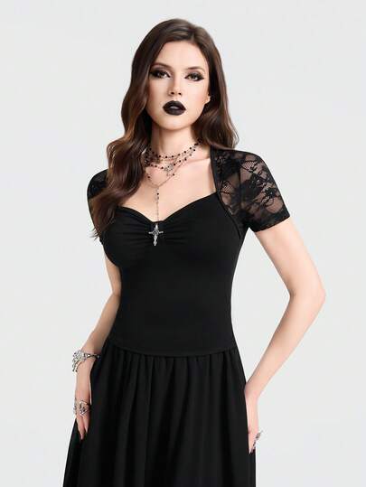 Breakform Women's Gothic Vintage Sexy Lace Patchwork Velvet Fabric Square Neck Front Ruched Decor Metal Cross Short Sleeve Fitted Cropped T-Shirt