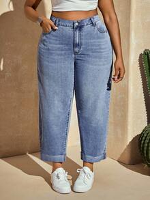 Slaydiva Plus Size Solid Color Slant Pocket Casual Versatile Jeans - Light Wash - View 3