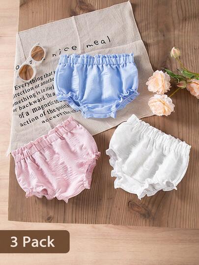 SHEIN Vintaside Kids 3件套女婴夏季柔和色彩套装，米色、白色、粉色短裤套装，简约风格，宽松版型，适合户外玩耍、居家舒适穿着，也适合各种派对场合。