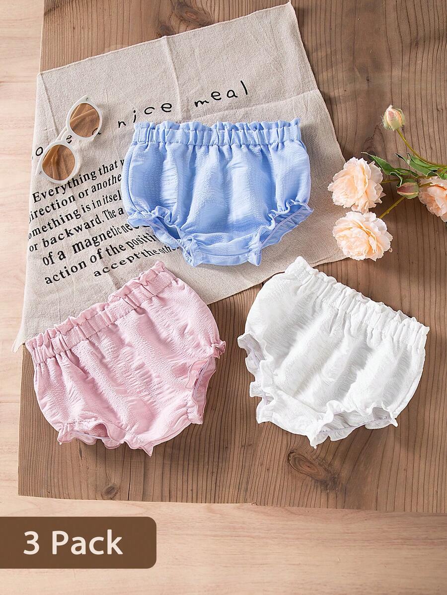 SHEIN Vintaside Kids 3件套女婴夏季柔和色彩套装，米色、白色、粉色短裤套装，简约风格，宽松版型，适合户外玩耍、居家舒适穿着，也适合各种派对场合。 - 彩色 - 查看 1