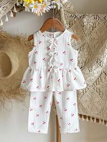 SHEIN Vintaside Kids 女婴两件套夏季套装，蓝白条纹印花无袖上衣搭配同色长裤，清新乡村风，适合海滩度假、公园郊游和日常穿着。 - 彩色 - 查看 3