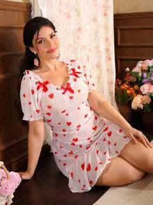 SHEIN Plus Size Romantic Floral Heart Bow Nightgown - Multicolor - View 4