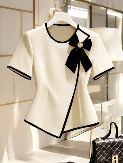 Franclia Women's New Elegant Bow Collar Short Sleeve Blouse, Asymmetric Hem Design, Suitable For Office And Casual Wear