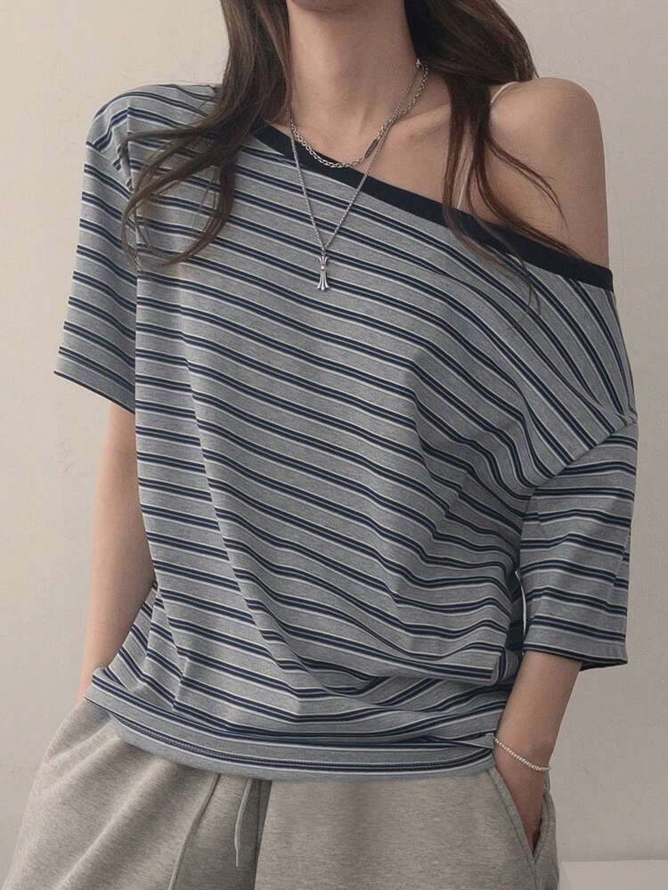 Women's Loose Casual Striped Asymmetrical Shoulder T-Shirt
